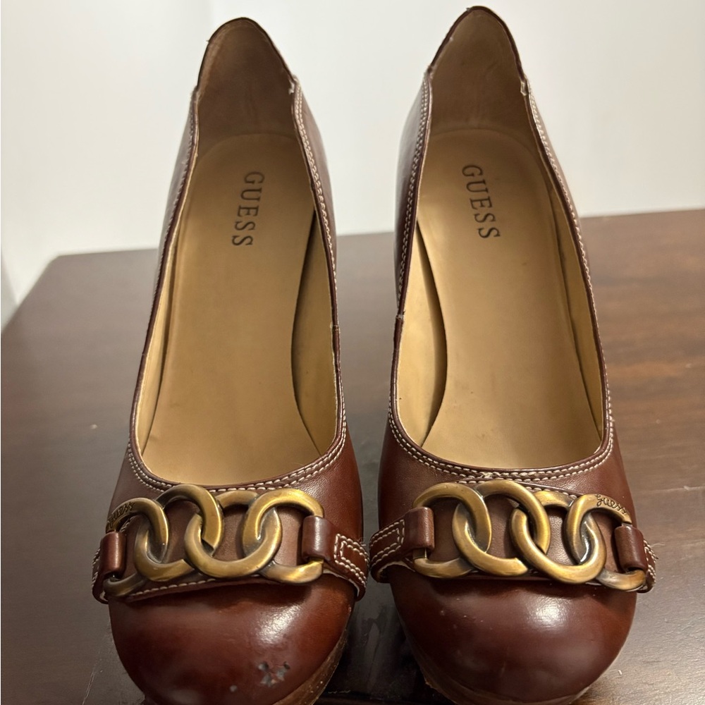 Guess Brown Heels with Gold Chain Accent